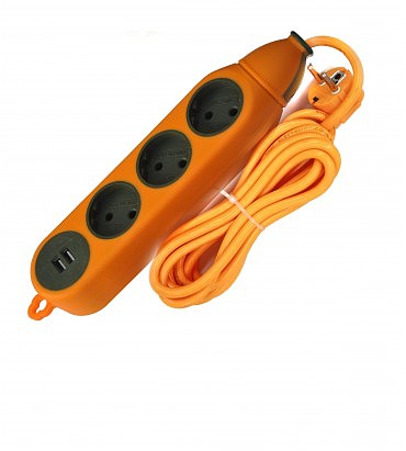 Подовжувач 3 гнізда, з USB, одностороння колодка без з/к, помаранчева, стійка до ударів, 2 метри (00000115024)