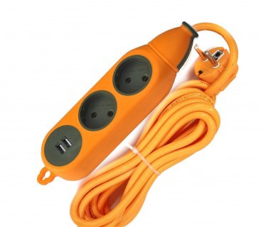 Подовжувач 2 гнізда, з USB, одностороння колодка без з / до, помаранчева, ударостійка, 2 метри (00000115023)